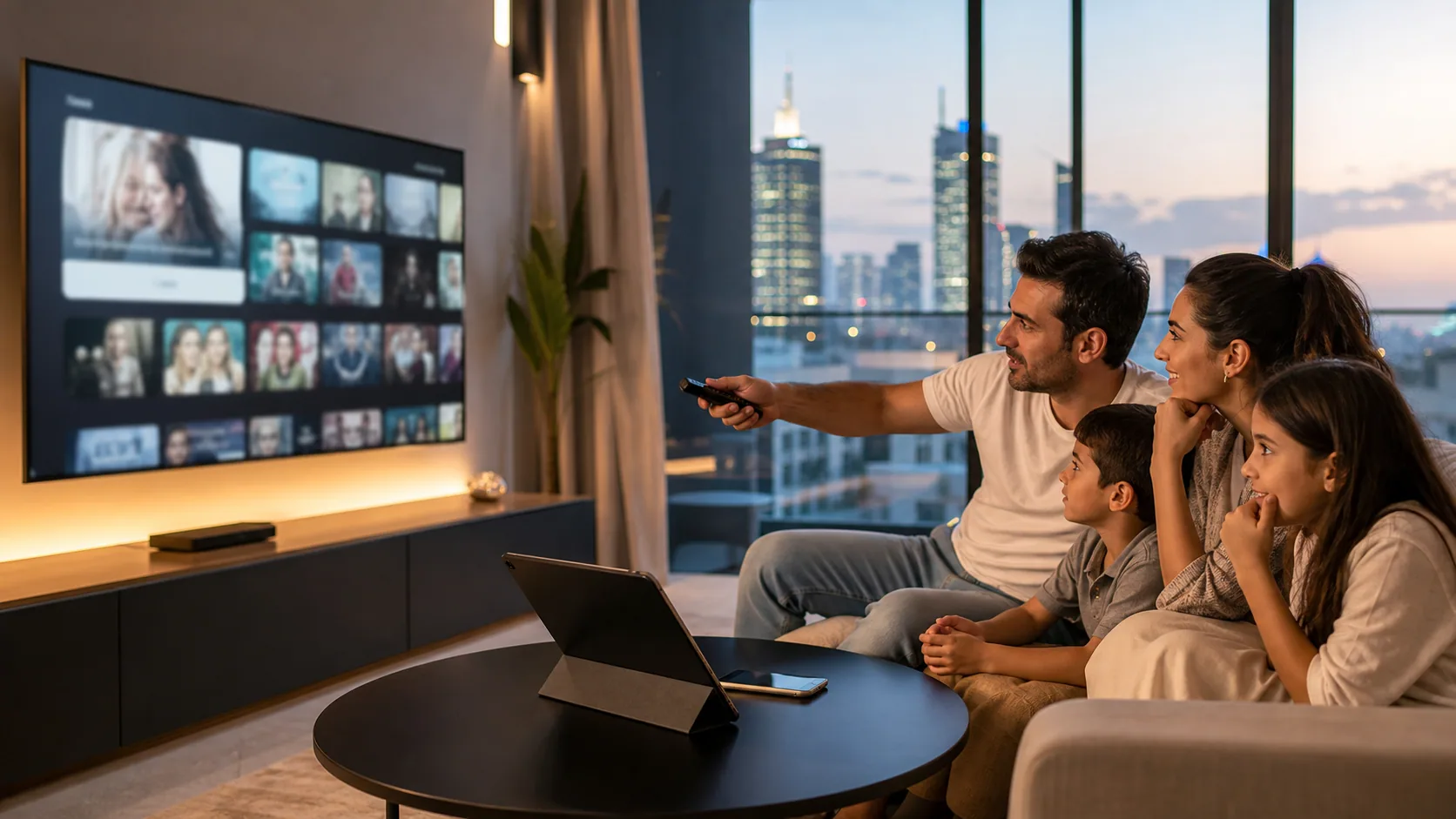 Family in Tel Aviv comparing IPTV Israel subscription options on a television