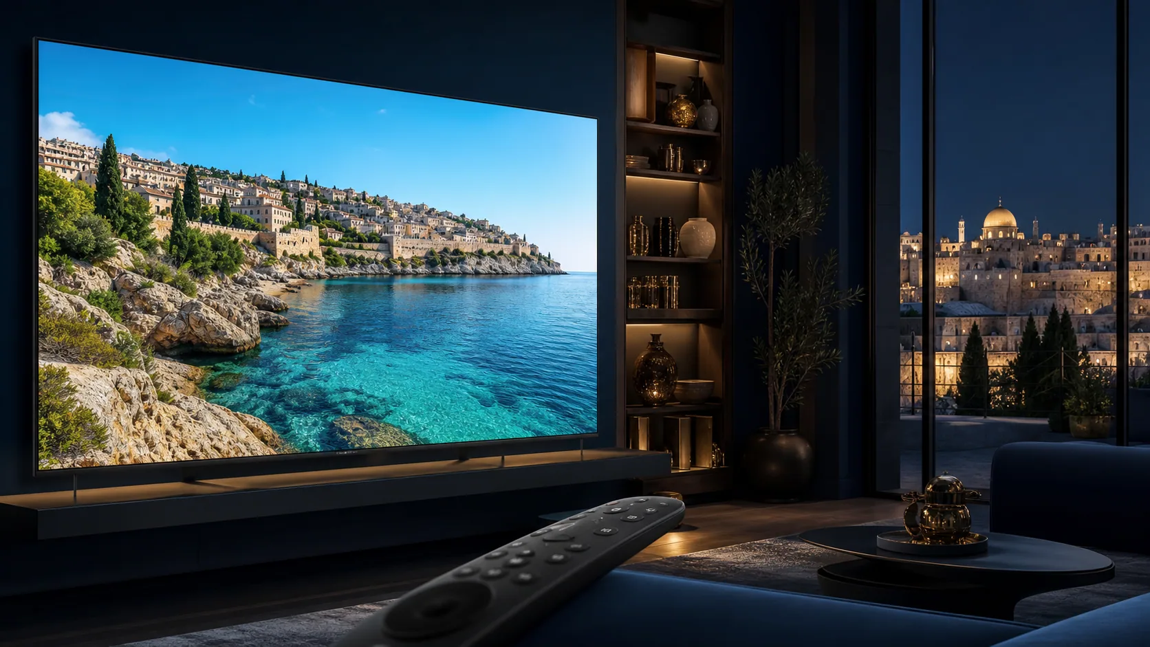 Premium 4K television displaying a detailed Mediterranean landscape in Jerusalem