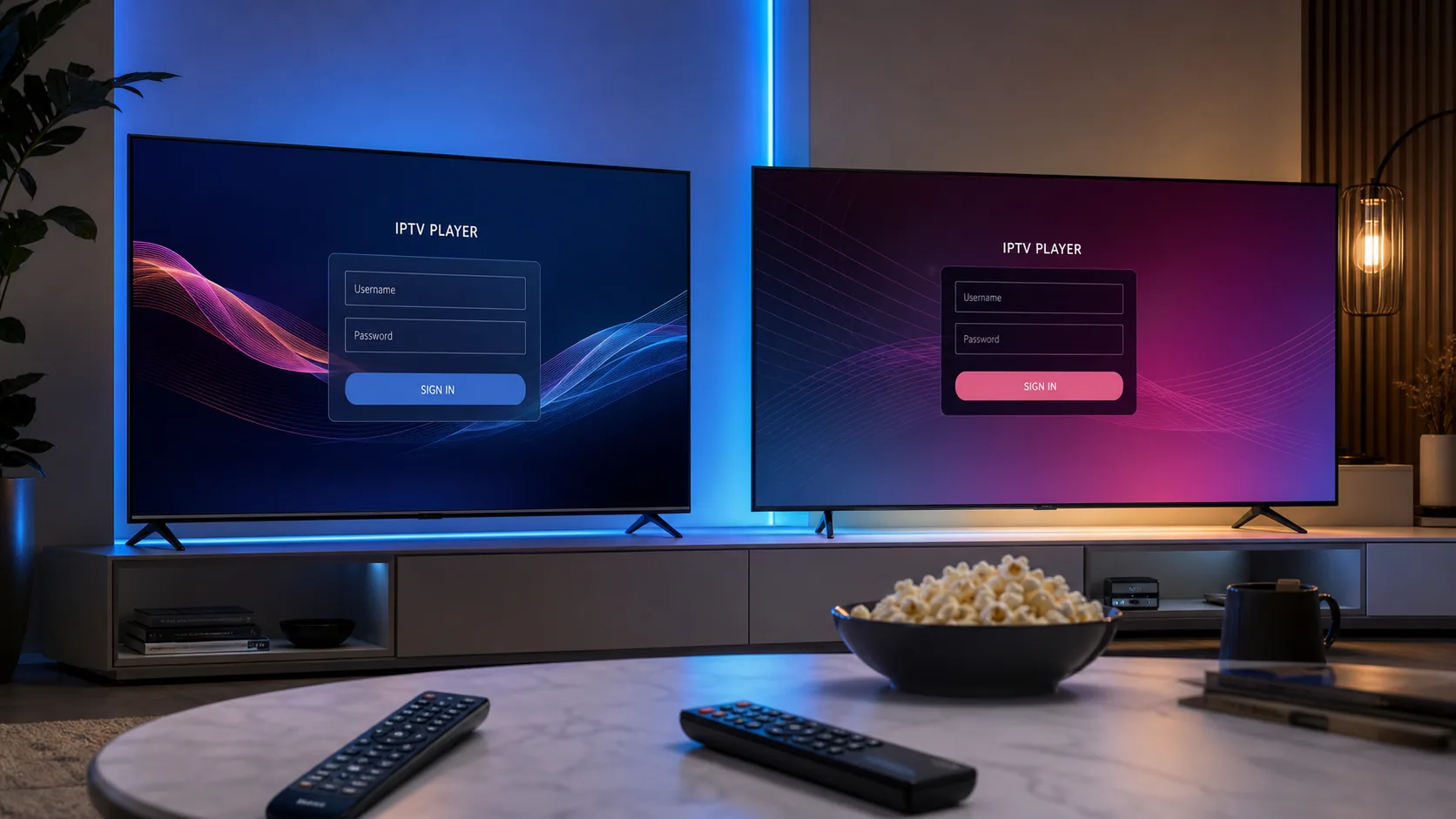 Two smart televisions displaying generic IPTV player login screens