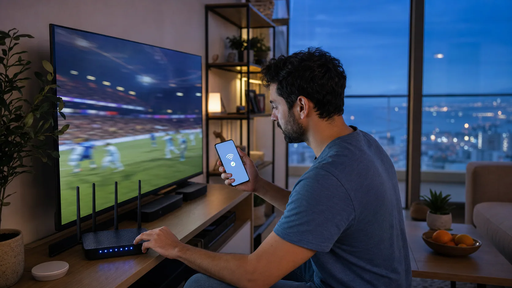 Viewer checking Wi-Fi beside a television during a live sports stream in Haifa